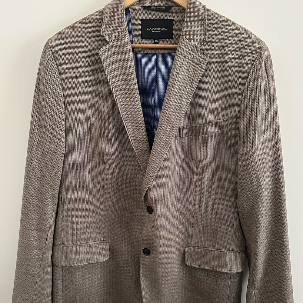 Banana Republic Mens Blazer 44L Tailored Fit Herringbone Jacket Taupe/Khaki